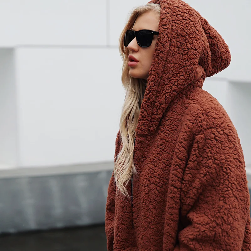 

Autumn Winter Women Faux Fur Coat Hoodie Long Sleeve Thickened Loose Fur Cardigan Zipper With Pockets Warm Jacket Outwear 7Q2147