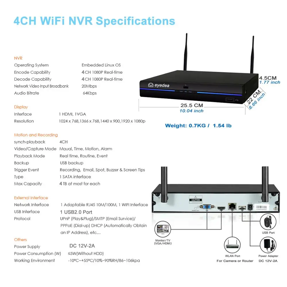 Eyedea Беспроводная CCTV камера система 4CH WiFi 1080P NVR 960P Аудио наружное оповещение о