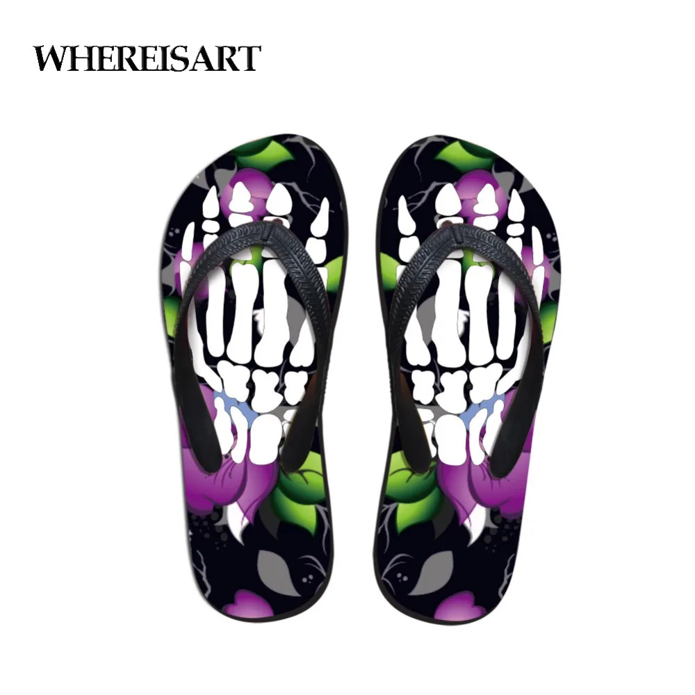 WHEREISART/летние женские шлепанцы для ванной Вьетнамки с цветочным принтом и черепом