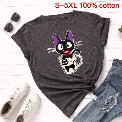 SINGRAIN женская летняя футболка из хлопка с рисунком черного милого кота, S-5XL размера плюс, модные топы с изображением котенка, женская футболка - Цвет: marble gray