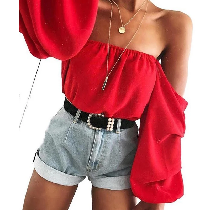 Модные Фонари рукавом с плеча блузка рубашка 2018 лето осень пикантные Slash шеи