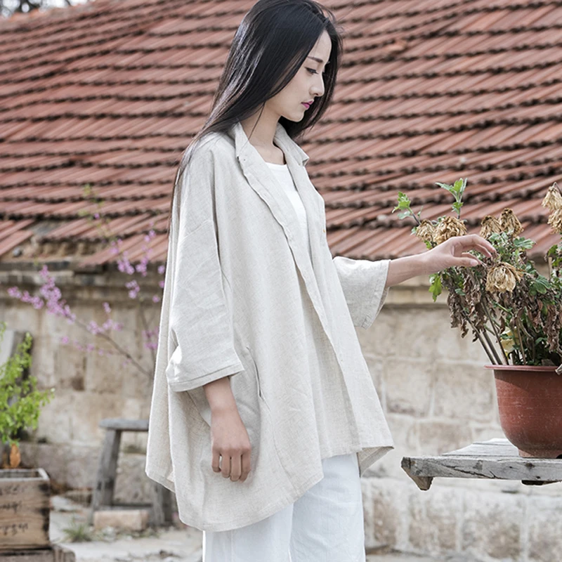 

Women Blouses White Beige Color Batwing Sleeve Cotton Linen Long Blouses Casual Vintage Women Shirt Loose Women Tops