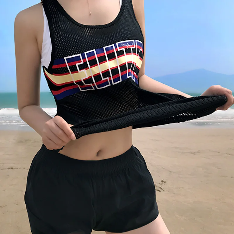 Женский сетчатый жилет U черно белая спортивная свободная футболка в полоску с