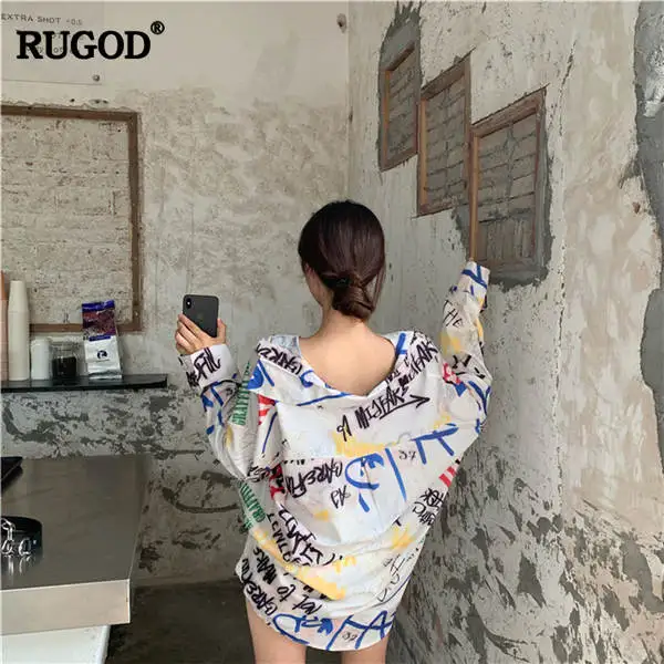 RUGOD/ Новое поступление, женская Свободная рубашка с буквенным принтом, с воротником-стойкой, с длинными рукавами, Тонкая блузка, стильный возраст - Цвет: Белый