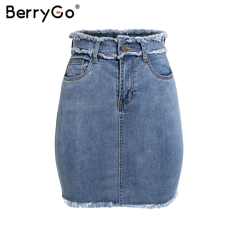 Синий BerryGo, сексуальные джинсовые юбки-карандаш, Женская юбка с кисточками, высокая талия, облегающая мини-юбка, женская уличная одежда, джинсы, летние юбки - Цвет: Синий