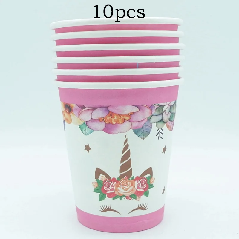 10pcs paper cup Розовый Единорог вечерние украшения для девочек на день рождения латексные шары Единорог посуда бумажная шляпа салфетки тарелка скатерть с днем рождения подарок - Цвет: 10pcs paper cup