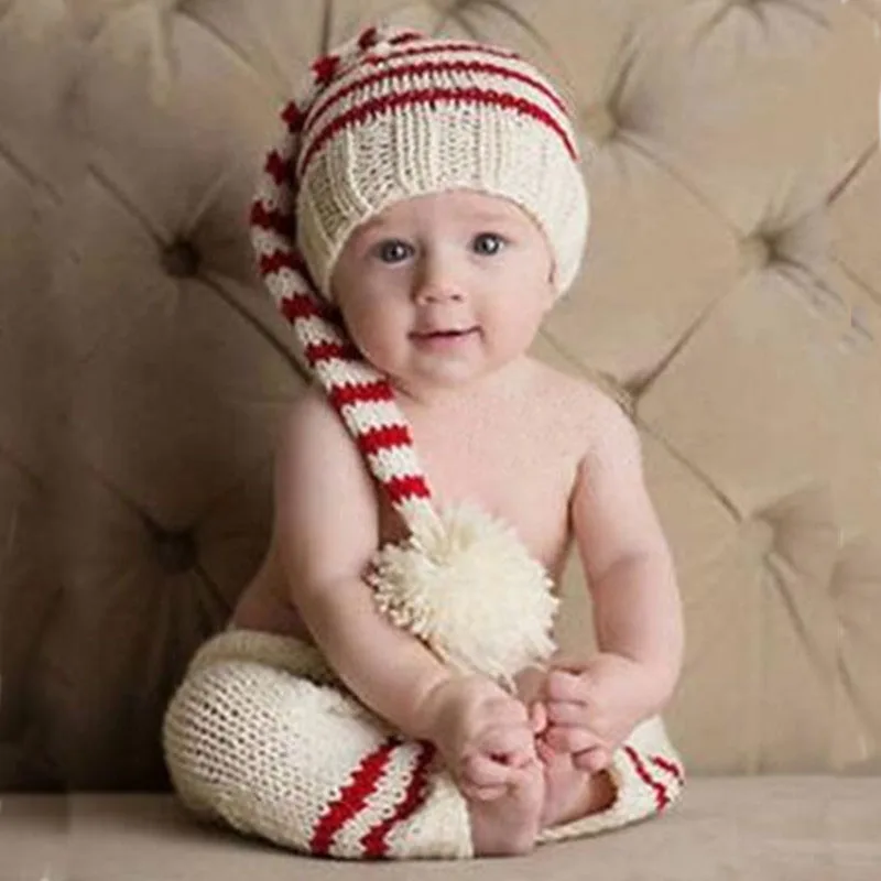 Newborn Baby Photography Props Crochet Costume Stripe Hat Pants Set Infant Outfit for Photo Shooting Boy Prop | Детская одежда и