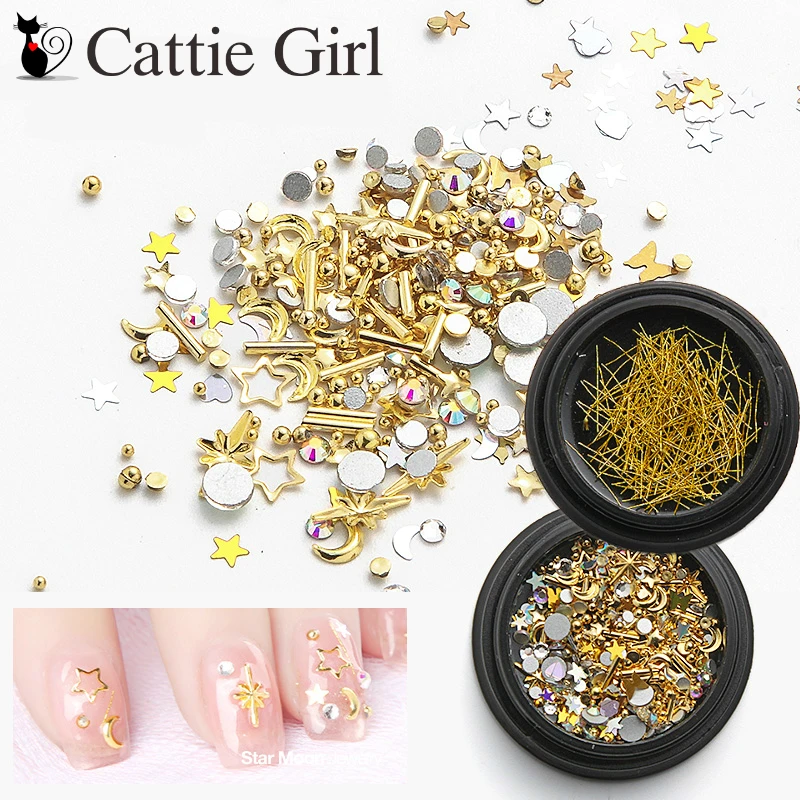 

1box Star Moon Nail Rhinestones Constellation Mixed Metal Rivet Decorations Line Nail Galaxy Crystal Accessoires Nail Art Set
