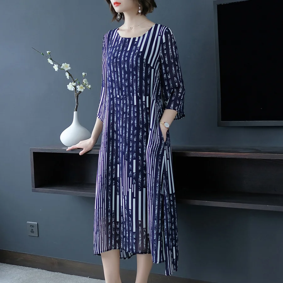 Новинка 2020 винтажные шифоновые Макси платья в синюю полоску Boho летние корейские