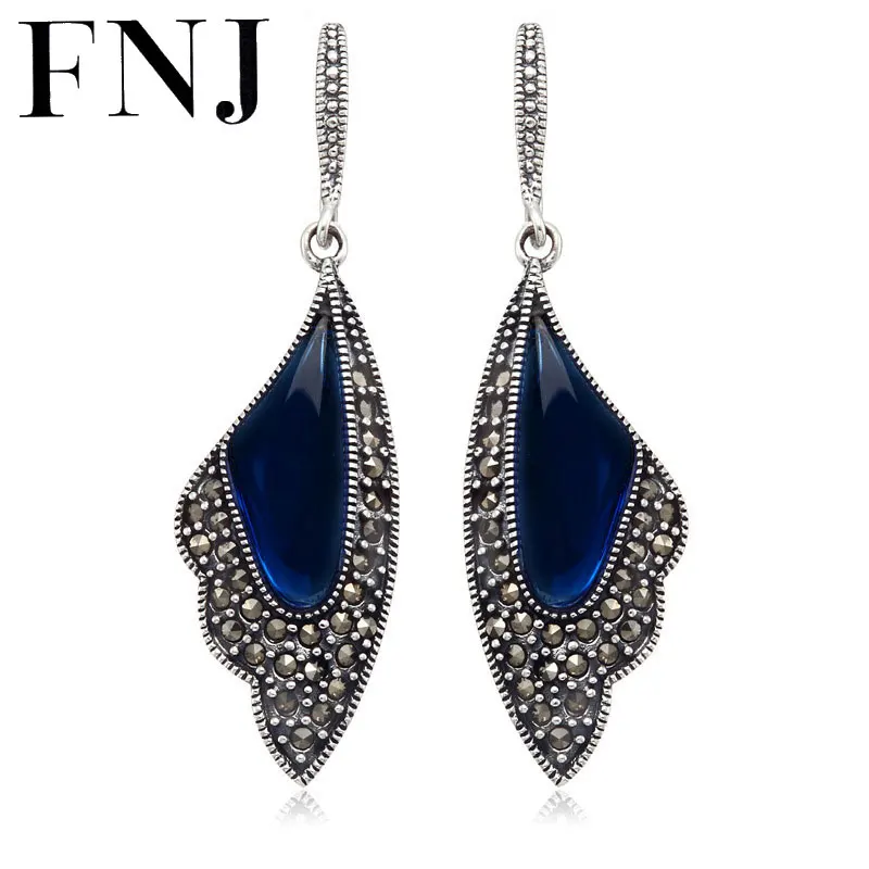 Женские серебряные сережки FNJ серебро 925 пробы с красным/синим корундовым камнем