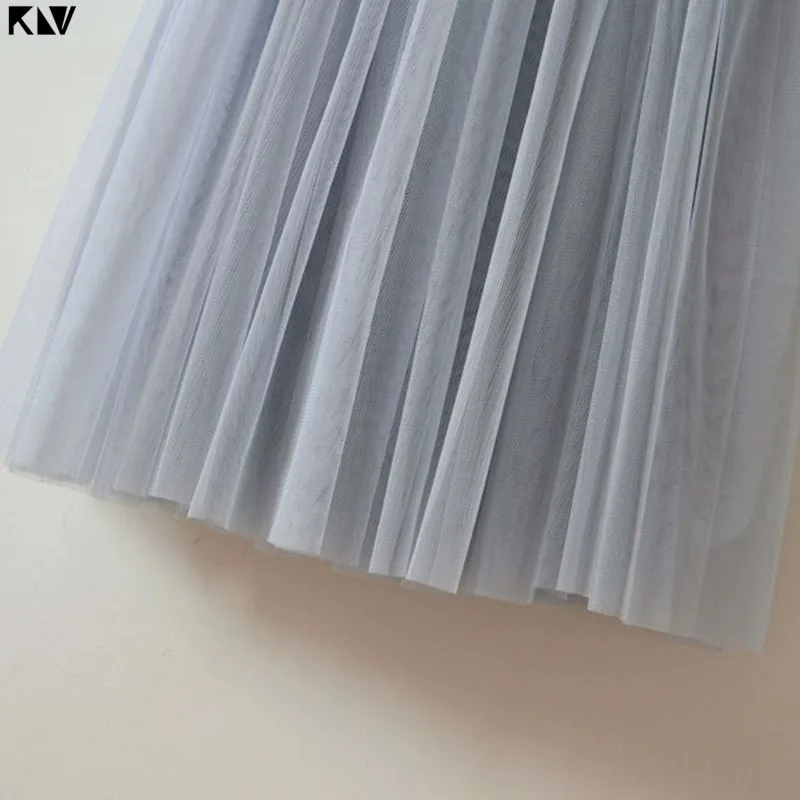 

KLV 55CM Women High Waist Three Layer Sheer Mesh Pleated Tulle Knee Length Tutu Skirt Sweet Candy Color Drape Swing Loose Skirt