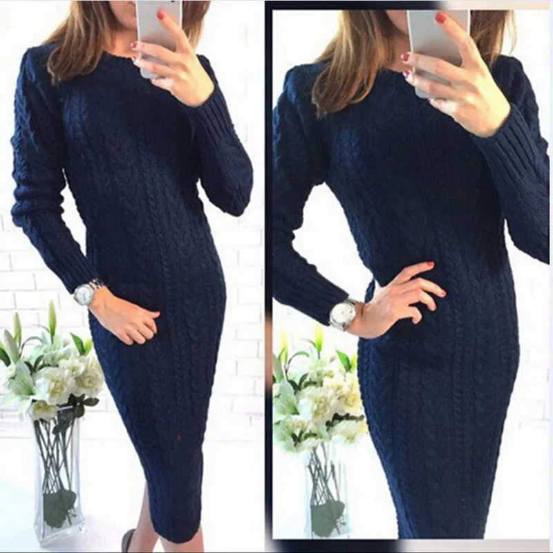 autumn winter long casual bodycon knitted sweater pullover sleeve elegant blue gray o neck sweaters | Женская одежда