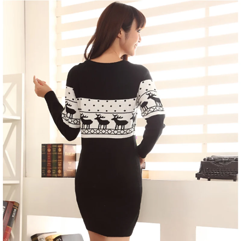 Winter Runway Women Casual Long Sleeve Sweater Wine Red Pullovers Matching Deer O-neck Cartoon Christmas New Year Sweaters | Женская
