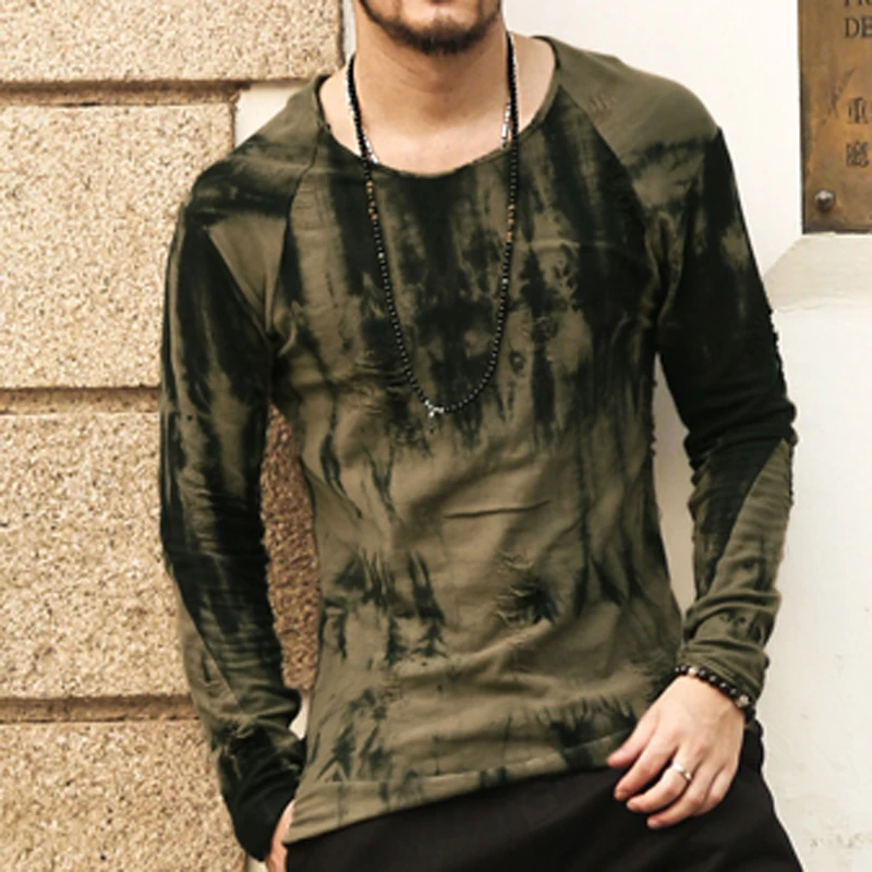 Хлопок Длинные рукава футболка мужская новинка 2016 темно-зеленый Tie-Dye стильный