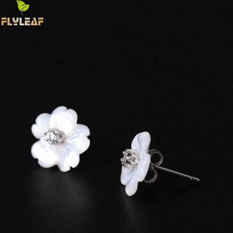 Flyleaf 100% Sterling Silver Shell Carvings Flowers Stud Earrings For Women Fashion Cubic Zirconia High Quality Jewelry | Украшения и
