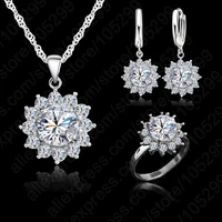 new hot fashion sunflower women cubic zirconia 925 sterling silver pendant necklaces earrings rings sets for wedding jewelry