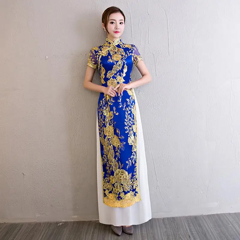 Большие размеры 3XL 4XL блестки китайский стиль сценическое шоу Qipao новое длинное тонкое Cheongsam винтажное Цветочное платье "аодай" Vestidos - Цвет: Royal Blue