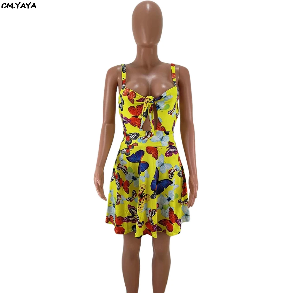 2019 для женщин летние бабочка печати связать v образным вырезом Спагетти ремень