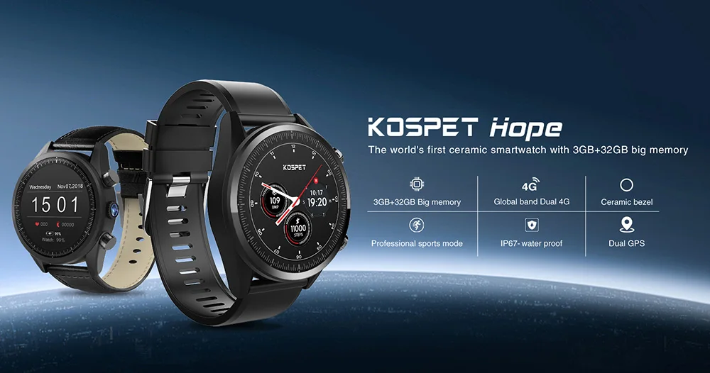 Смарт-часы Kospet Hope Android 7,1 3GB+ 32GB Dual 4G 1,3" AMOLED wifi/gps/8.0MP Sim IP67 водонепроницаемые MT6739 Смарт-часы телефон