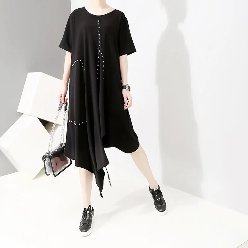 XITAO Split Irregular Black Midi Dress Gold Wild O Neck Patchwork Summer New Korea Fashion Pullover Slim Short Sleeve ZLL3671 | Женская