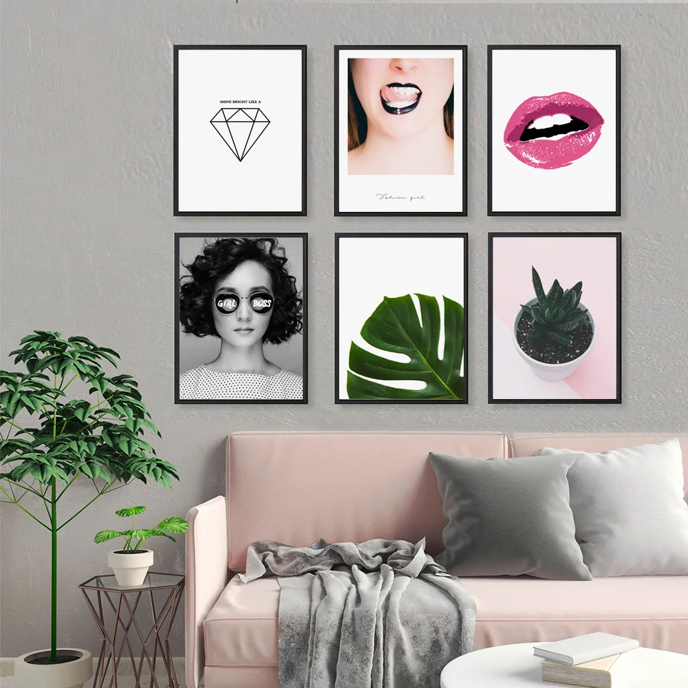 

Fashion Girl Red Lips Green Leaf Monstera Nordic Posters and Prints Wall Art Canvas Painting Wall Pictures for Living Room Decor
