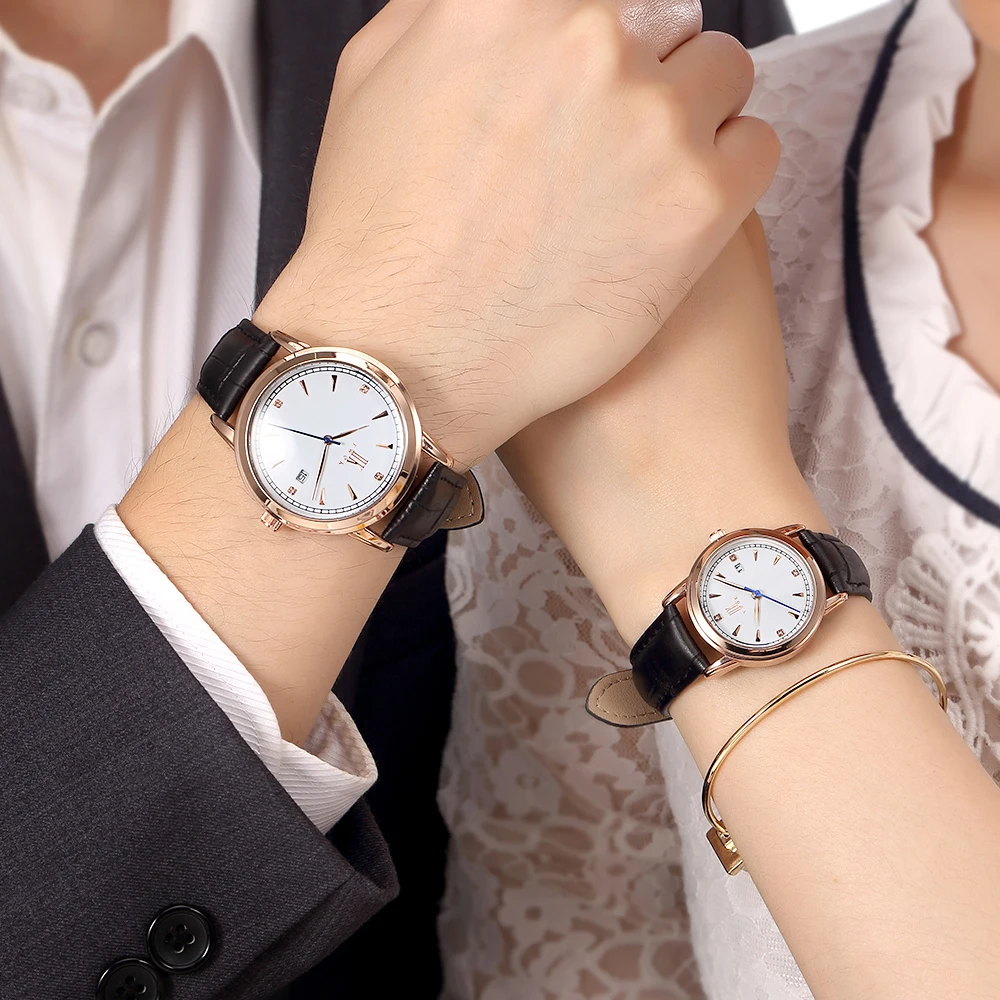 Fashion Couple Watch Leather Strap Waterproof Quartz Unisex Simple Style Auto Date Lovers Casual Male Female Clock | Наручные часы