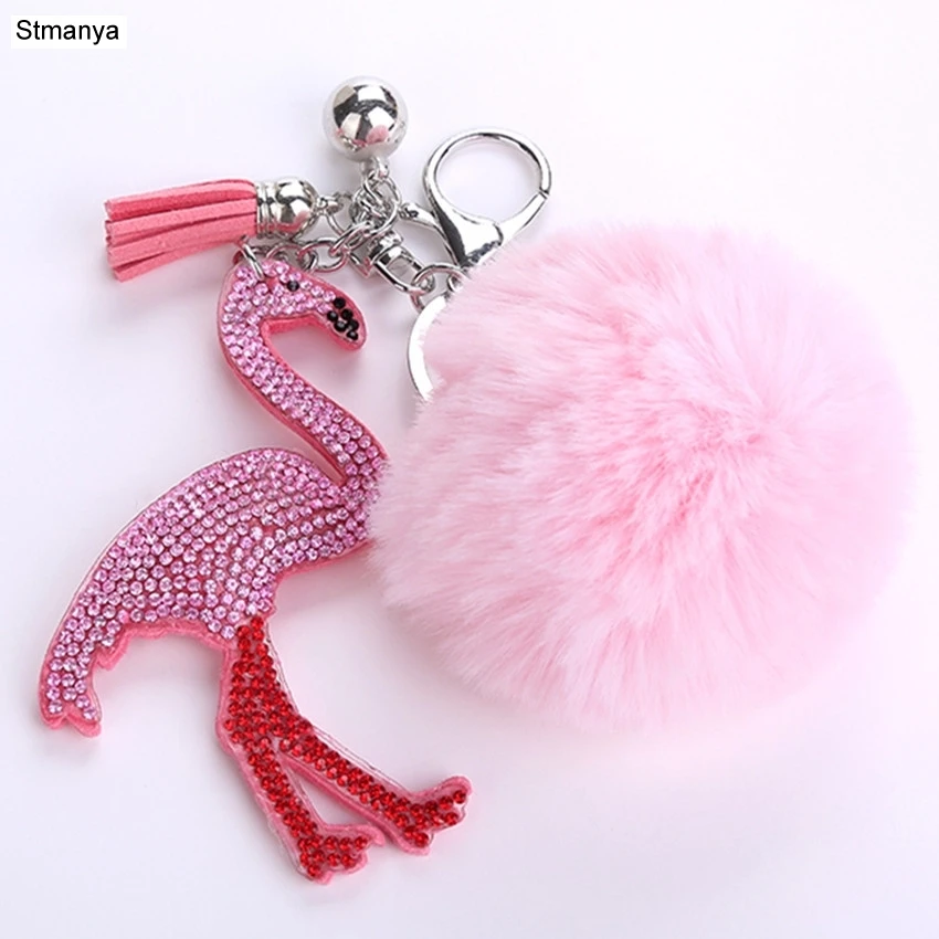

Rhinestones Animal bird Pendant Key chain Faux Fur Pompom ball Car Key Holder Fashion Bag Charm Accessories Gift jewelry K1630