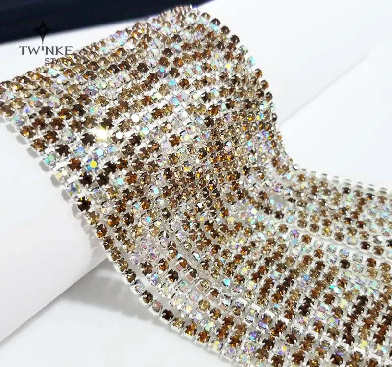 5 ярдов/упаковка ss6-ss12 темный кофе + светлый AB Цвет серебряная основа пришить на