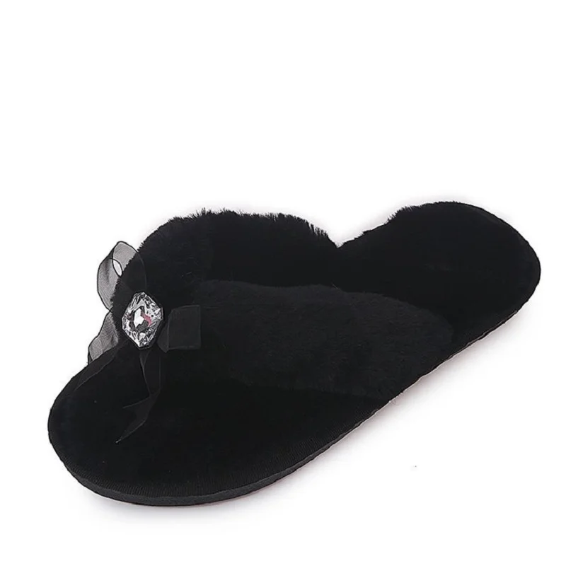 Soft Sole Women Fur Slippers Fluffy Flip Flop Plush Cute Lady House Slipper With Crystal Lace Flat Shoes Slide T1808010D | Обувь