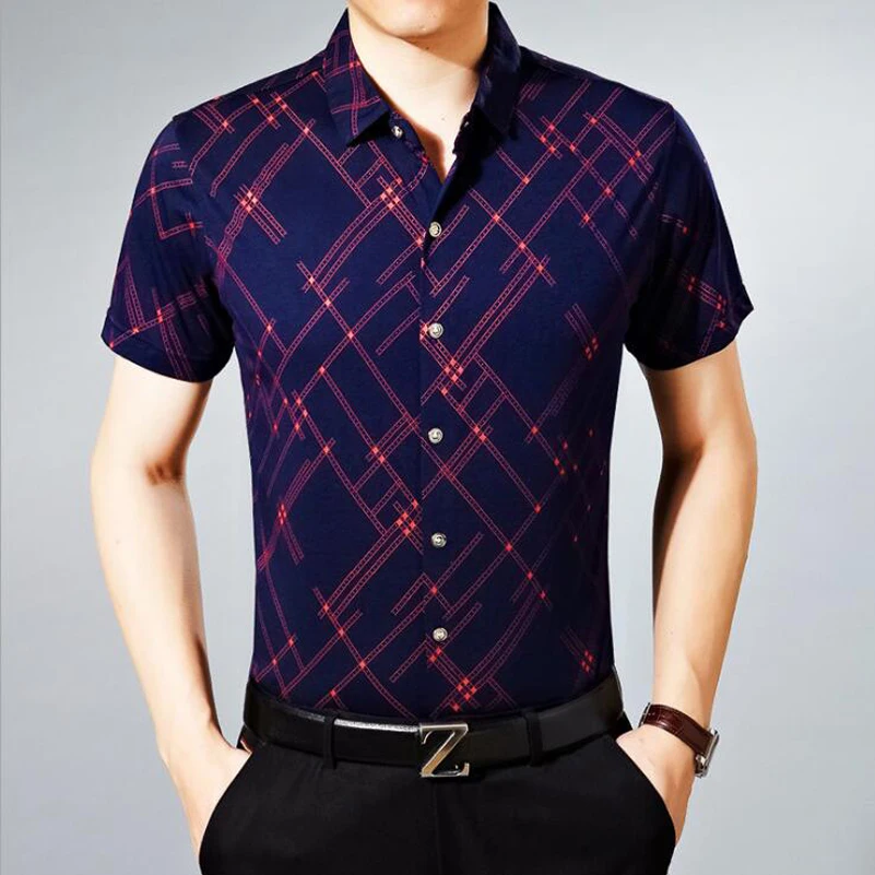 Mercerized Cotton Shirt Fashion Brand Men Striped Slim Fit Short Sleeve Stand Collar Casual Social Shirts Dress 3XL X074 | Мужская