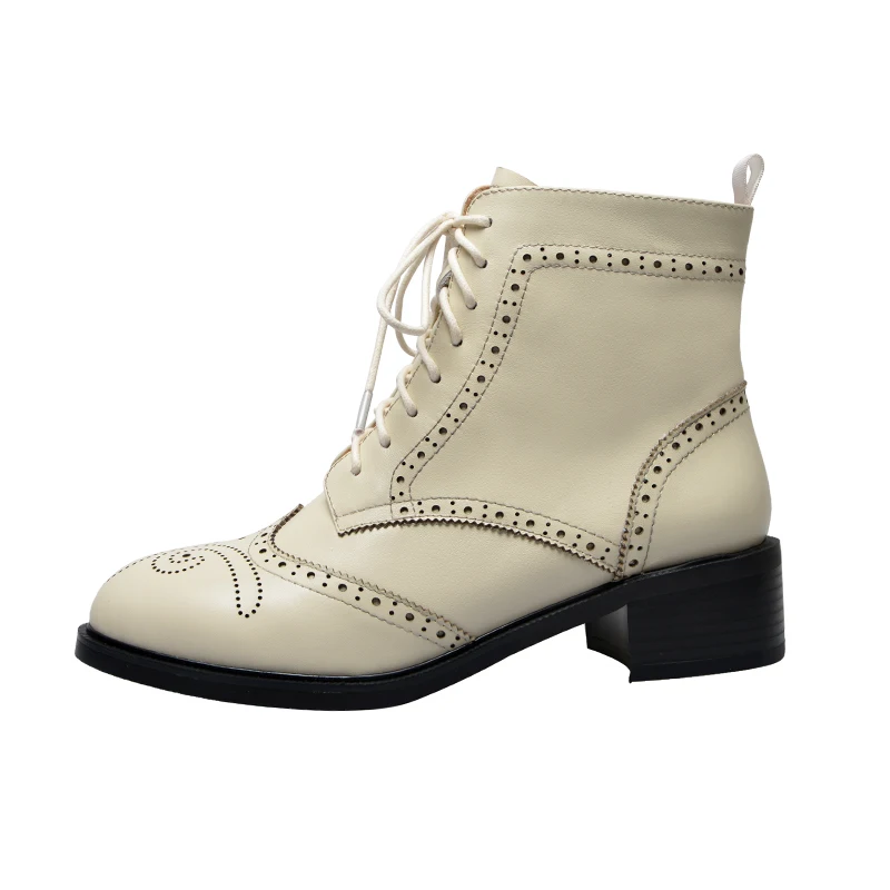 milky 4cm heels Женские ботильоны из натуральной коровьей кожи на шнуровке с круглым носком; сезон осень-зима; женская повседневная обувь; женские ботинки ручной работы на низком каблуке; - Цвет: milky 4cm heels