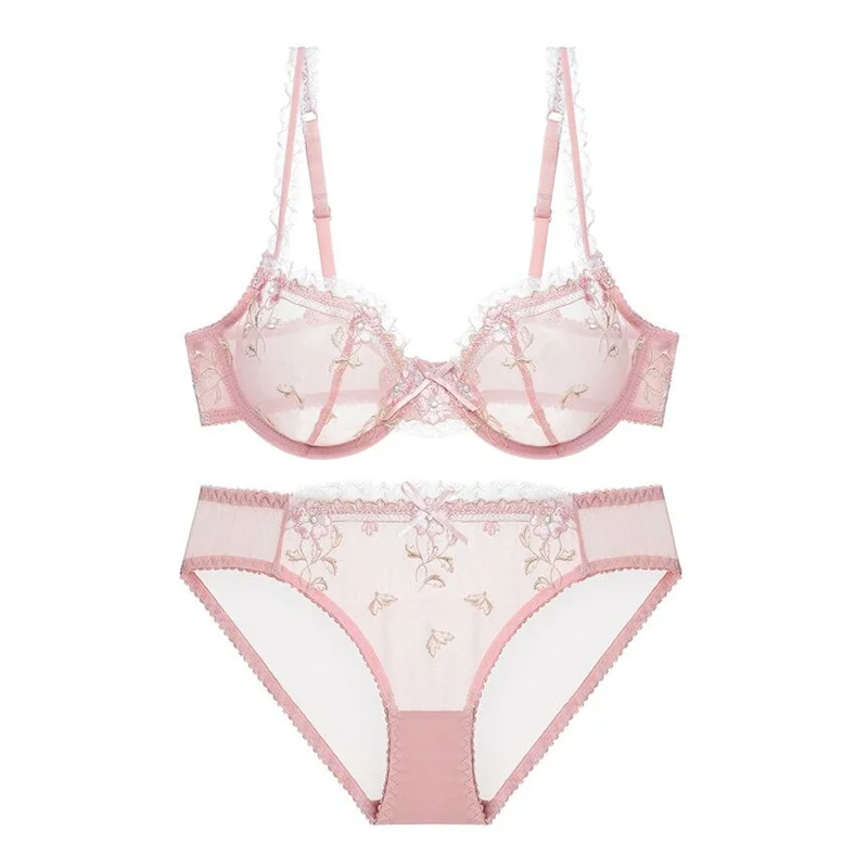 Pink Varsbaby, сексуальный комплект нижнего белья с вышивкой и прозрачным бантом, без подкладки, комплект с бюстгальтером для женщин - Цвет: Pink