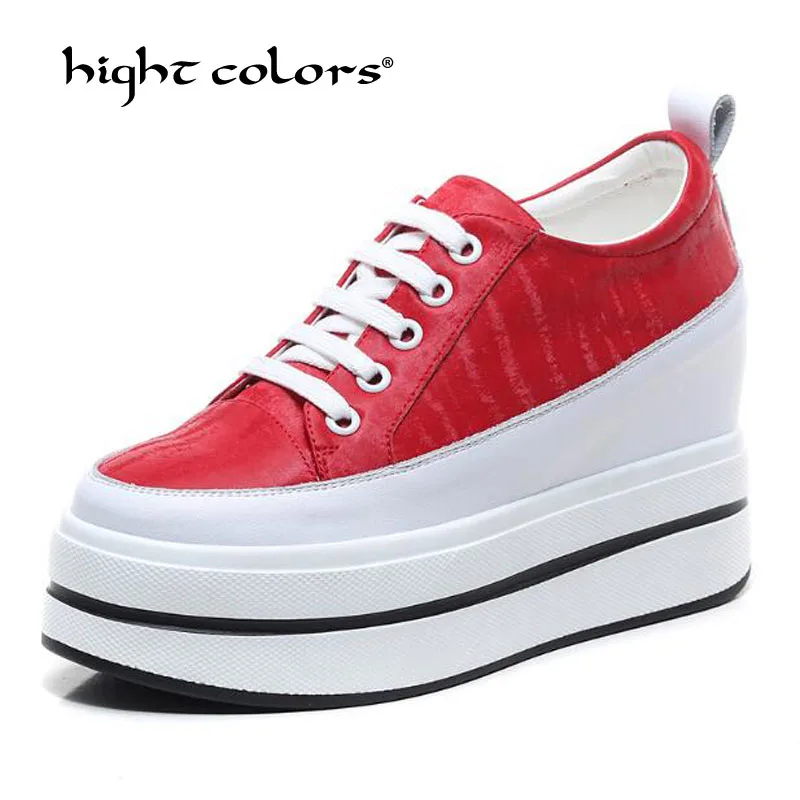 

Cow Leather Red Platform Shoes Wedges Women Shoes High Heels Increased internal Lace-UP Students Walking Shoes Woman T1701-2