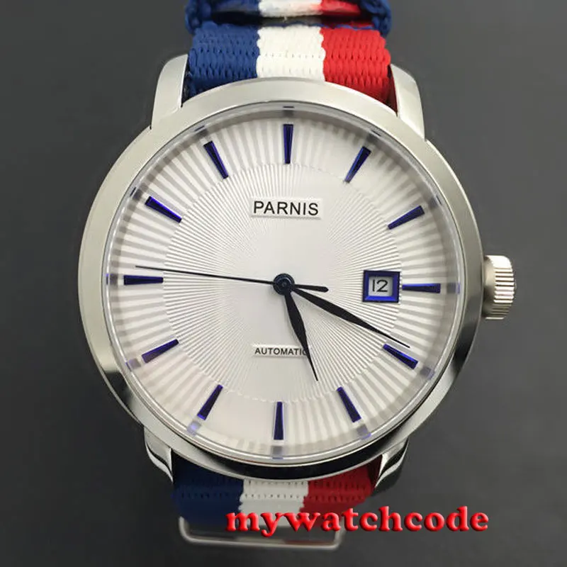 Мужские автоматические часы Parnis 41 мм с белым циферблатом синими марками дата