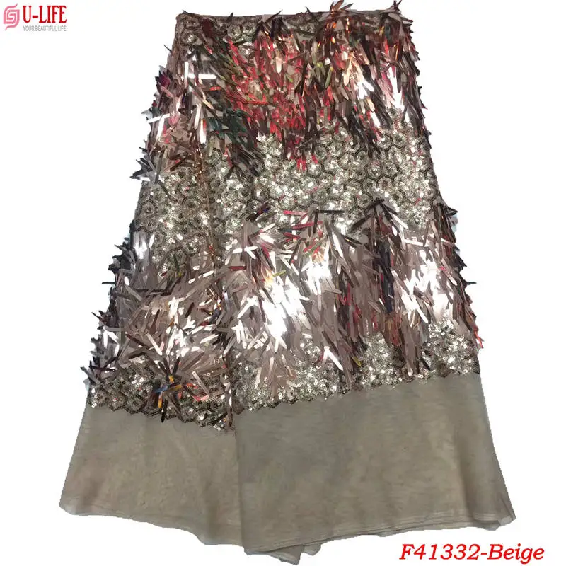 

High Quality French Lace Gold Sequin Fabric Luxury Lace Fabric For 3d Strip Sequins Applique Women dress fabrics F4-1332