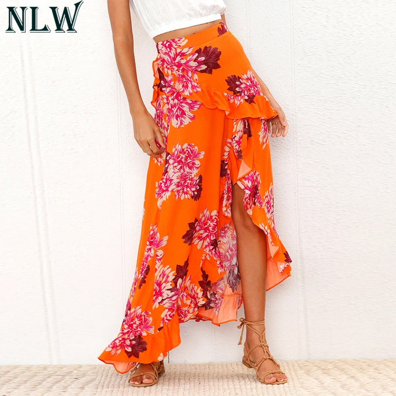 NLW Коралловая красная длинная юбка с цветочным принтом асимметричная макси