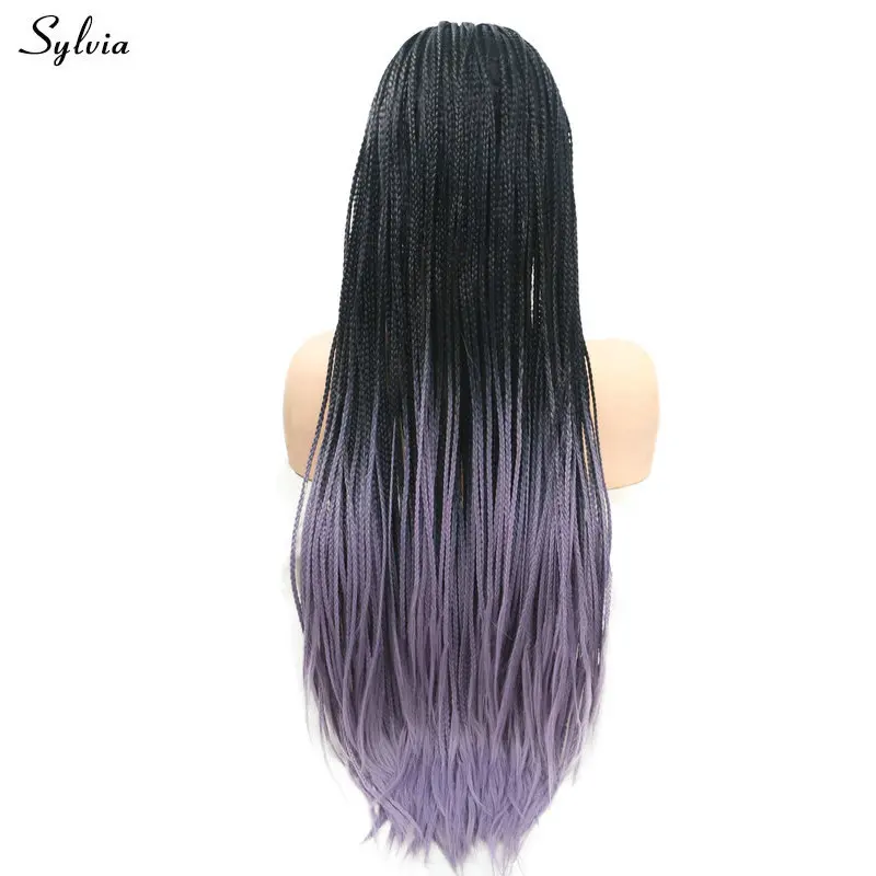 Sylvia Braided Box Braids Wig Black Roots Ombre Purple Red Grey Synthetic Lace Front Wigs For Women Long Afro Party Cosplay Hair | Шиньоны и