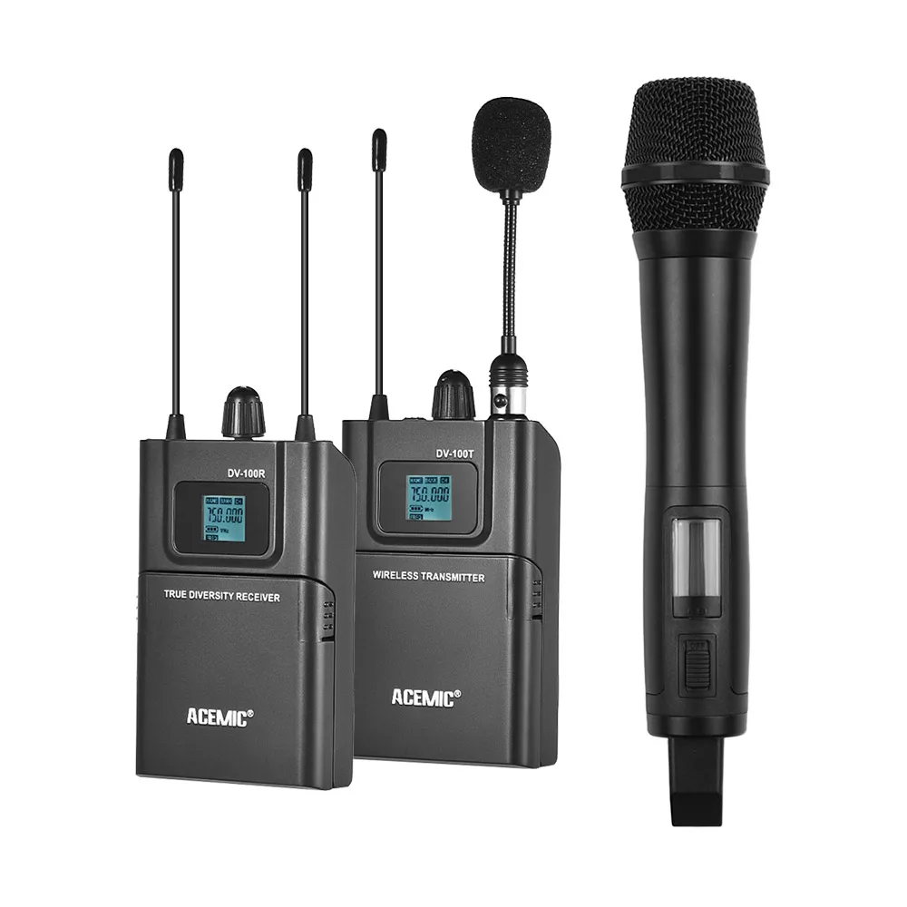 DV100SET Двухканальный UHF беспроводной микрофон системы для Canon Nikon sony DSLR камера видеокамера интервью звук Запись микрофон