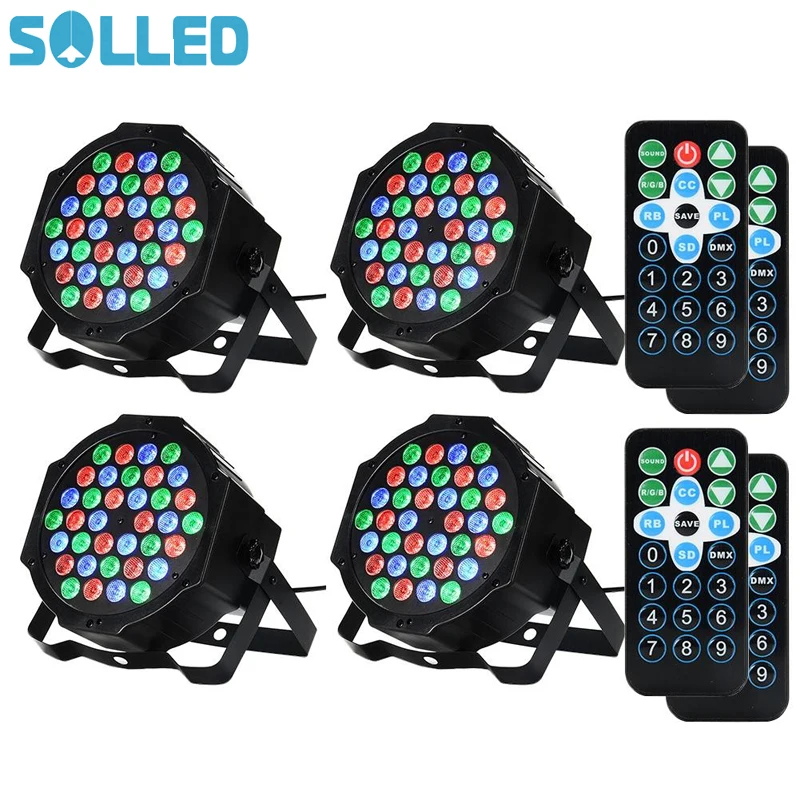 

SOLLED 4 Packed 36 LED Par Lights RGB Colorful 7 Lighting Modes Stage Lights Flexible Remote Control DMX Control Disco Lights US