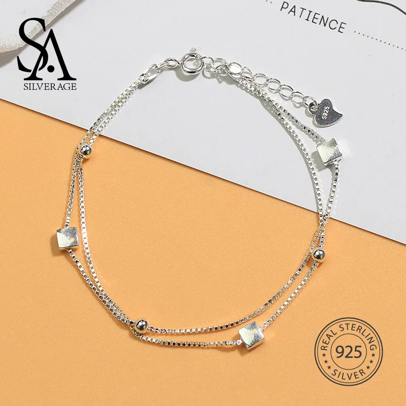 Sa silverage стерлингового серебра 925 пробы два Слои площади цепи Браслеты для Для