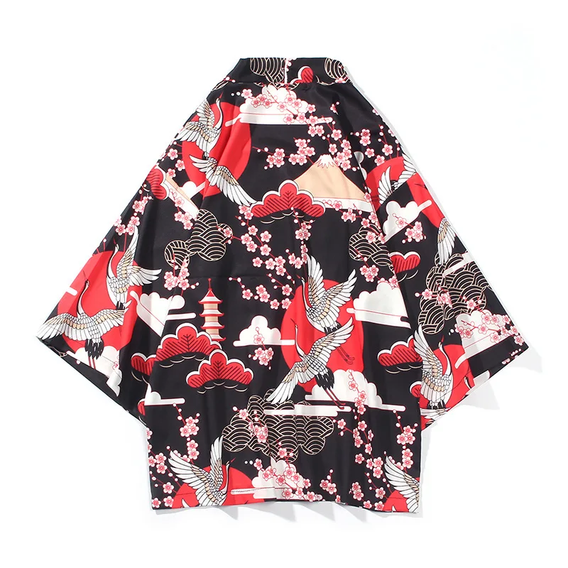 Летняя мужская Повседневная рубашка с принтом журавля сакуры кимоно в японском