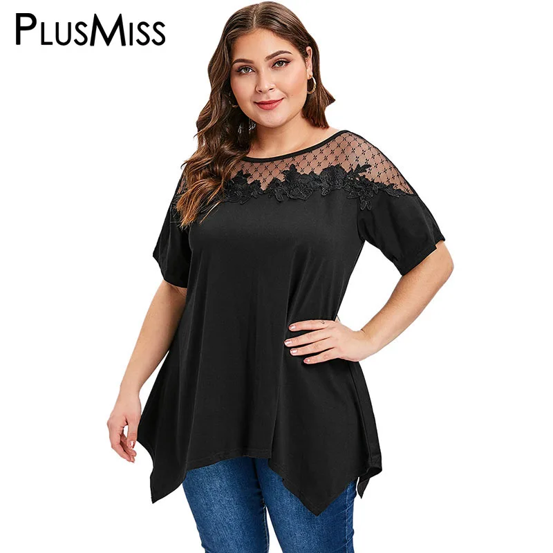 PlusMiss размера плюс 5XL пикантные сетчатые из кружев «кроше» с черная блузка женская одежда XXXXL XXXL XXL летние шорты с длинными рукавами большой Размеры свободные топы