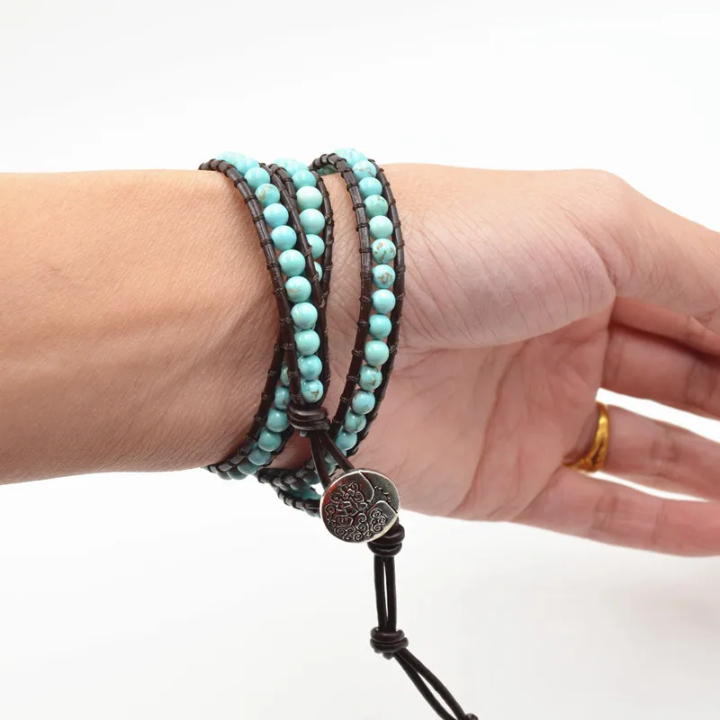 Women Boho Bracelet Vintage Leather Wrap Semi Precious Stone Beaded Cuff Girl's Gift Dropship | Украшения и аксессуары