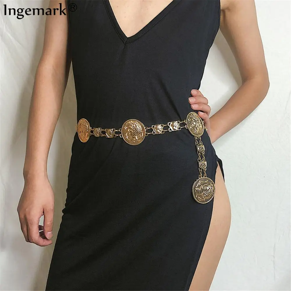 Ingemark Vintage Metal Dangle Waist Belt Chain Jeans Ethnic Gypsy Carved Coin Portrait Pendant Harness Women Belly Body Jewelry