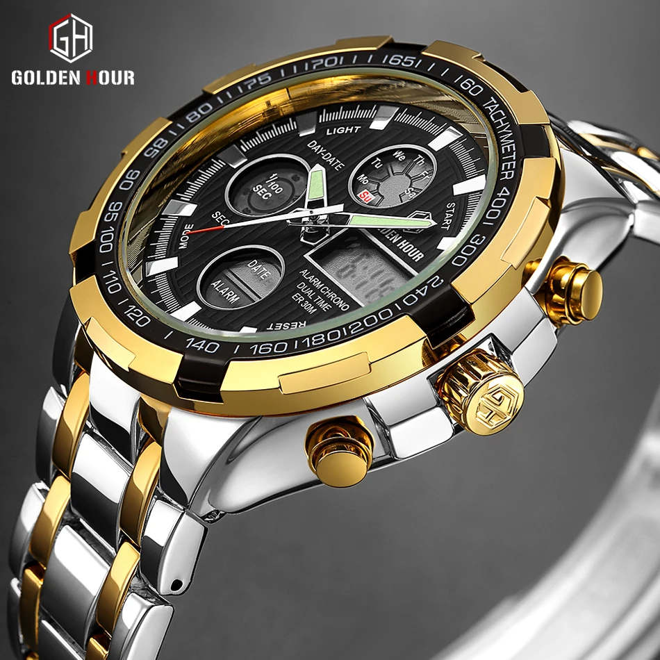 Мужские кварцевые часы Reloj Hombre GOLDENHOUR спортивные цифровые автоматические erkek kol saati