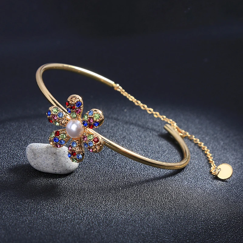 Kiss ME Delicate Seven Color Zircon Flower Open Round Bangle Adjustable Women For Female Gift Accessories | Украшения и