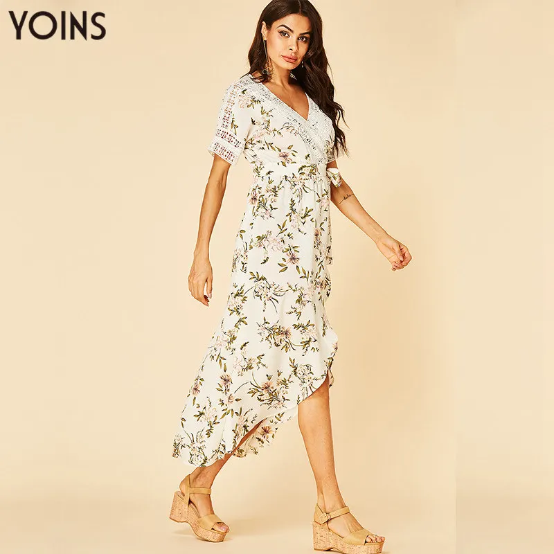 YOINS Мода 2019 Женское летнее платье Белые платья с цветочным принтом V образным