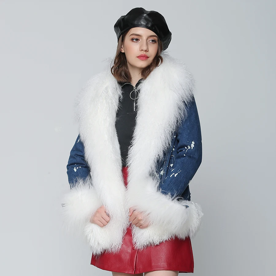 OFTBUY, зимняя женская куртка, пальто с натуральным мехом, парка с натуральным монгольским овечьим мехом, джинсовая куртка, теплая верхняя одежда, модная уличная одежда