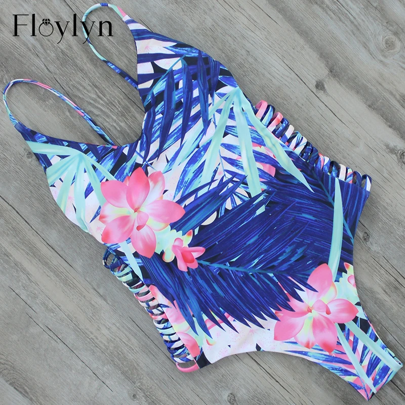 Floylyn Sexy One Piece Swimsuit Women Bandage Swimwear Leaf Flower Print Beach 2017 Bathing Suit Swim wear Monokini | Спорт и