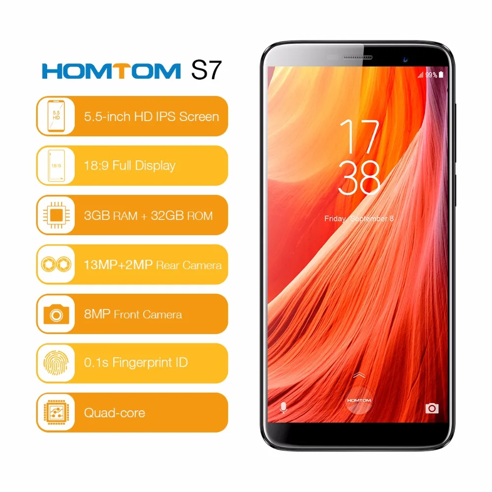 HOMTOM S7 5 &quotHD 18:9 назад двойной 13 + 2 Мп Смартфон Android 7 MTK6737 4 ядра 3g Оперативная память